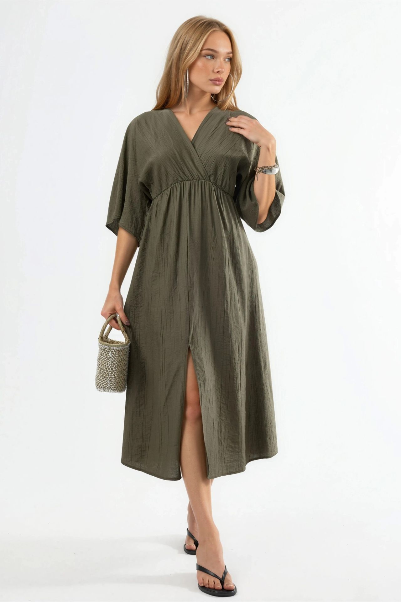 BUSEM V-Neck Midi Wrap Dress with Three Quarter Sleeves 1