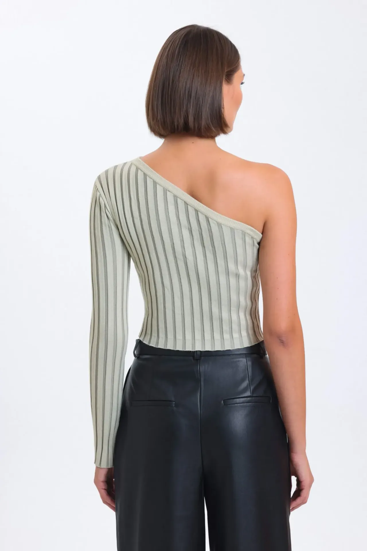 Striped One Shoulder Knitted Ribbed Cropped Blouse