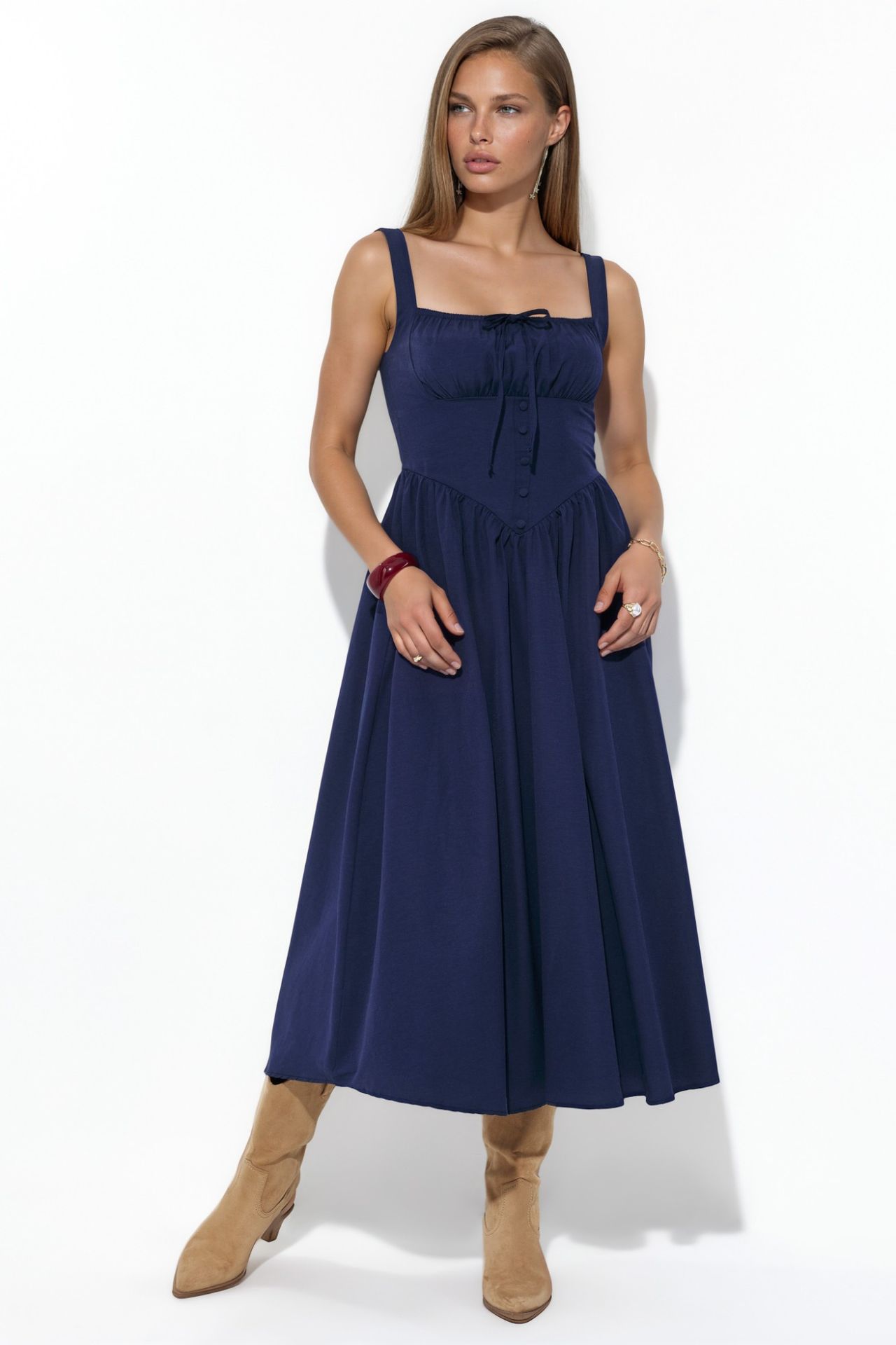 BUSEM Midi Dress with Square Collar and Button Detail 5
