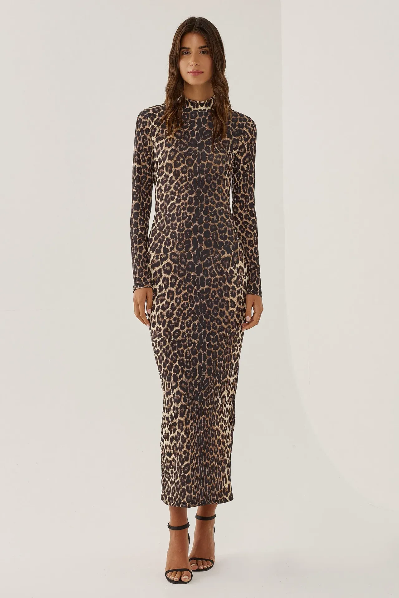 Leopard Print Bodycon Maxi Dress with Long Sleeves