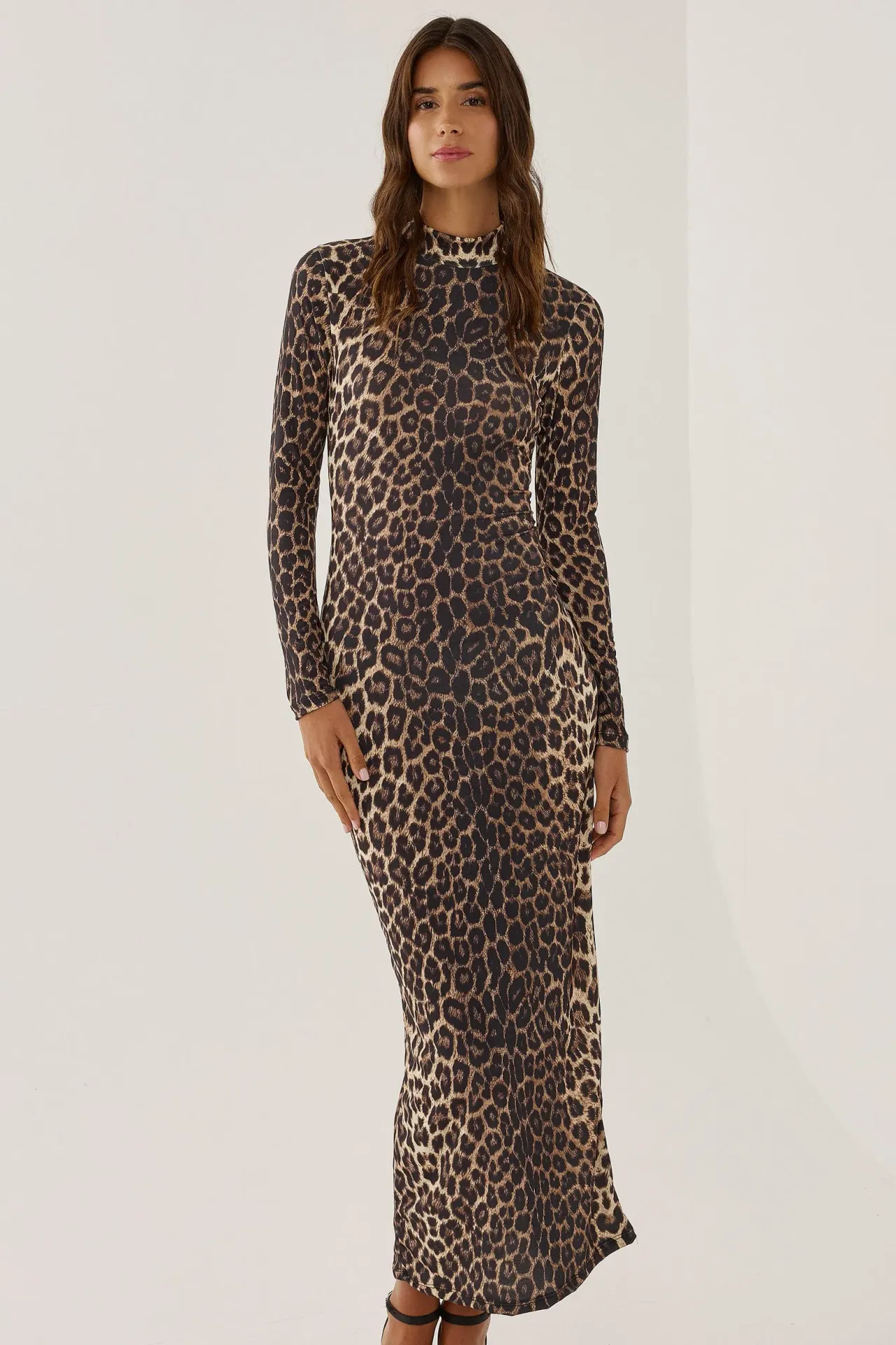 Leopard Print Bodycon Maxi Dress with Long Sleeves