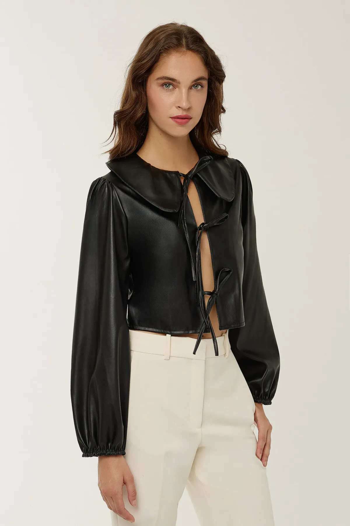 Faux Leather Long Sleeve Blouse with Bow 3