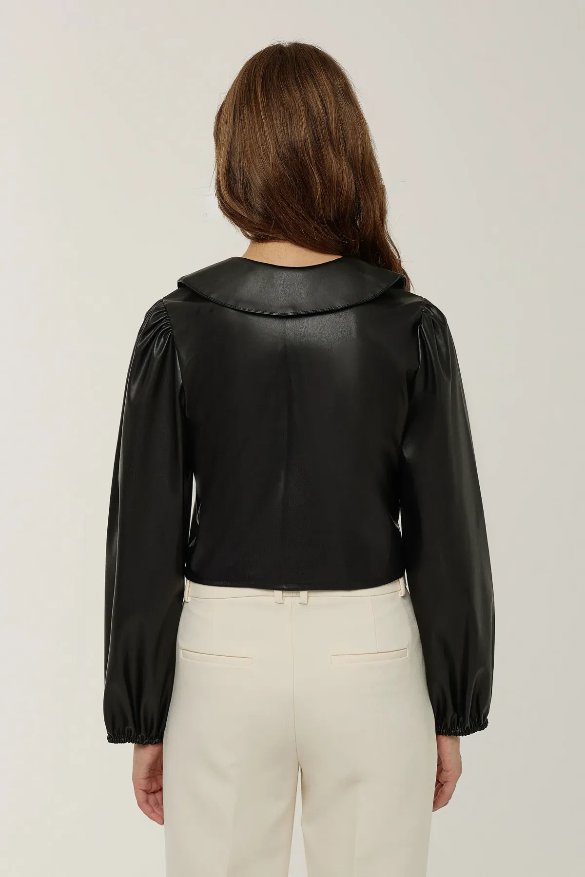 Faux Leather Long Sleeve Blouse with Bow 5