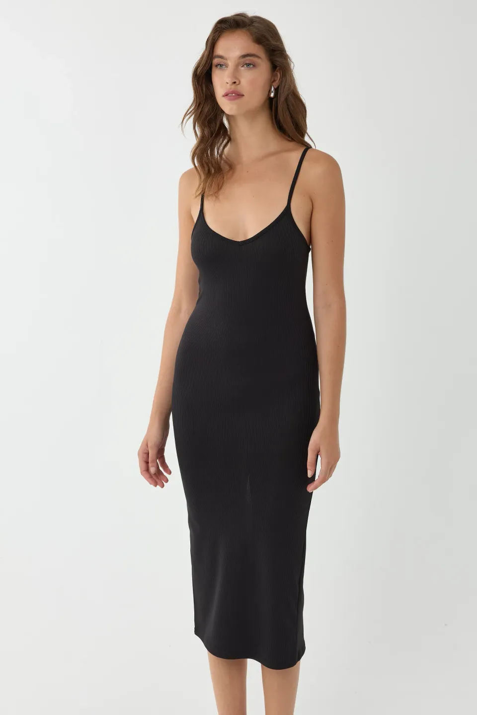 V-Neck Bodycon Midi Dress with Thin Straps