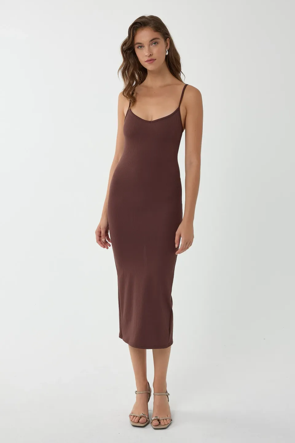 V-Neck Bodycon Midi Dress with Thin Straps