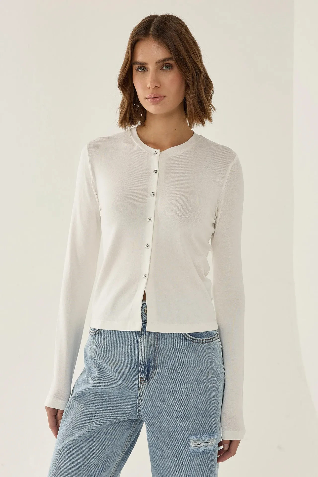 Crew Neck Buttoned Basic Cardigan