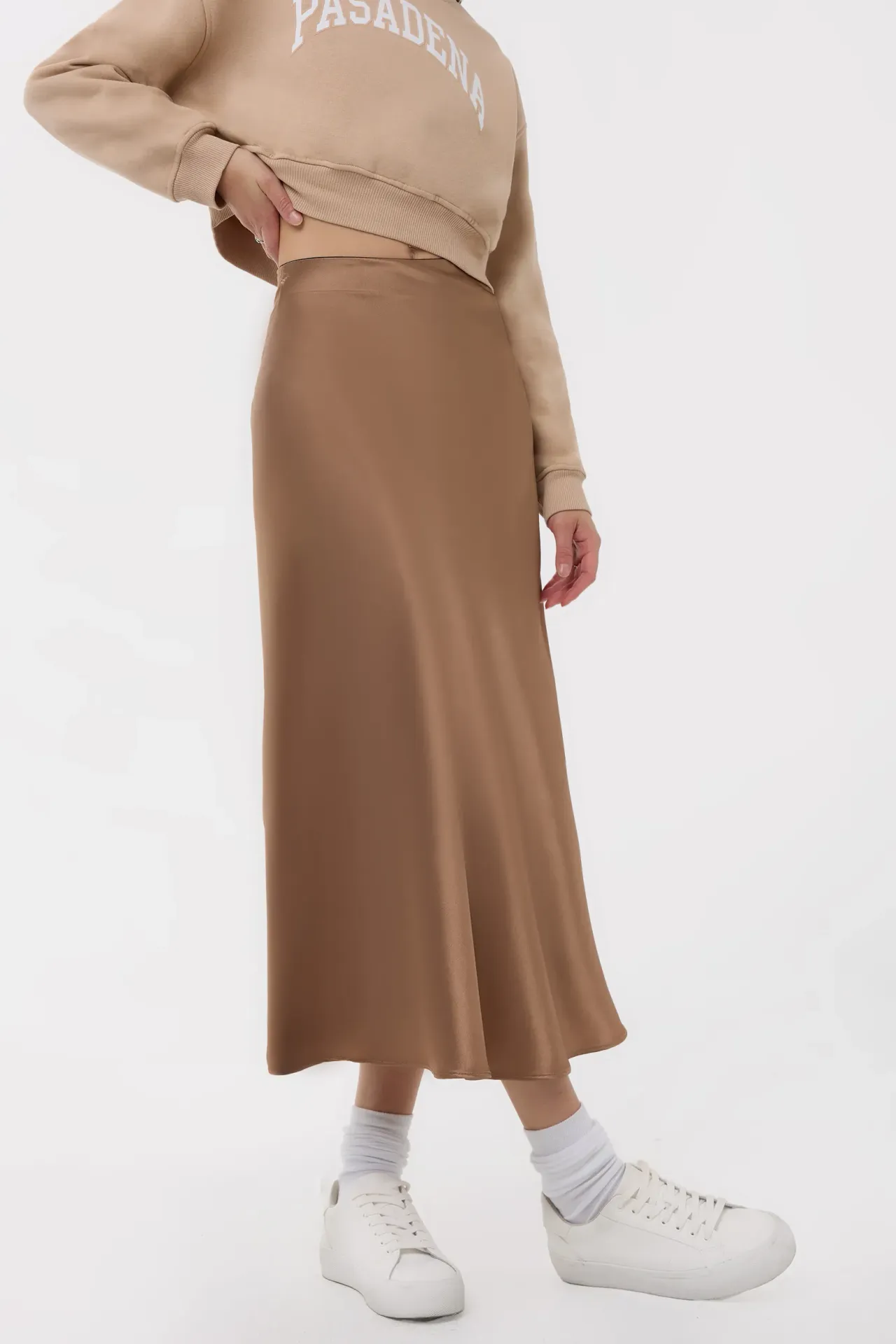 High-Waist Satin Midi Skirt