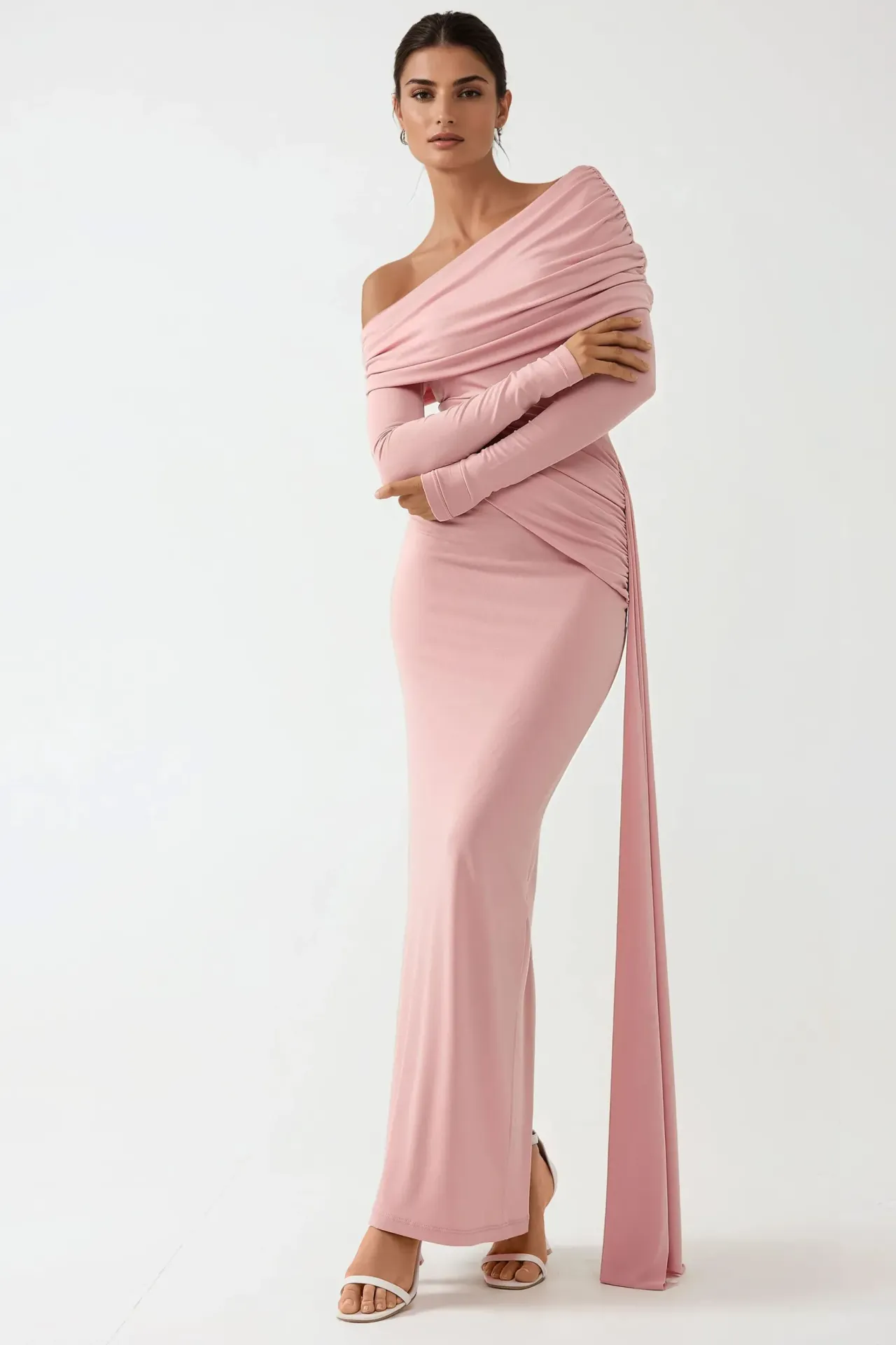 Asymmetrical Collar Bodycon Maxi Dress