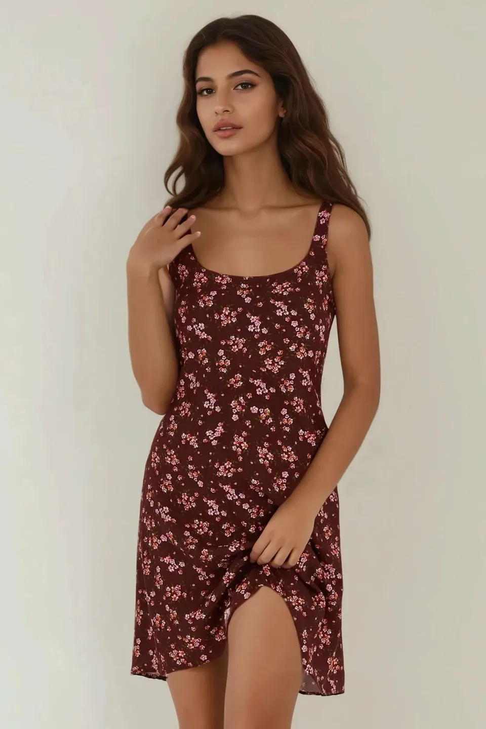 U Collar Printed Fitted Mini Dress