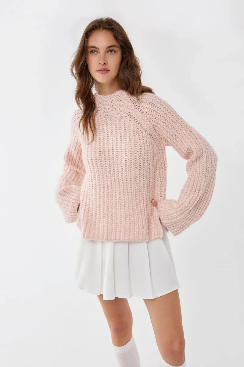 Oversized Textured Knit Sweater with Half Turtleneck 3