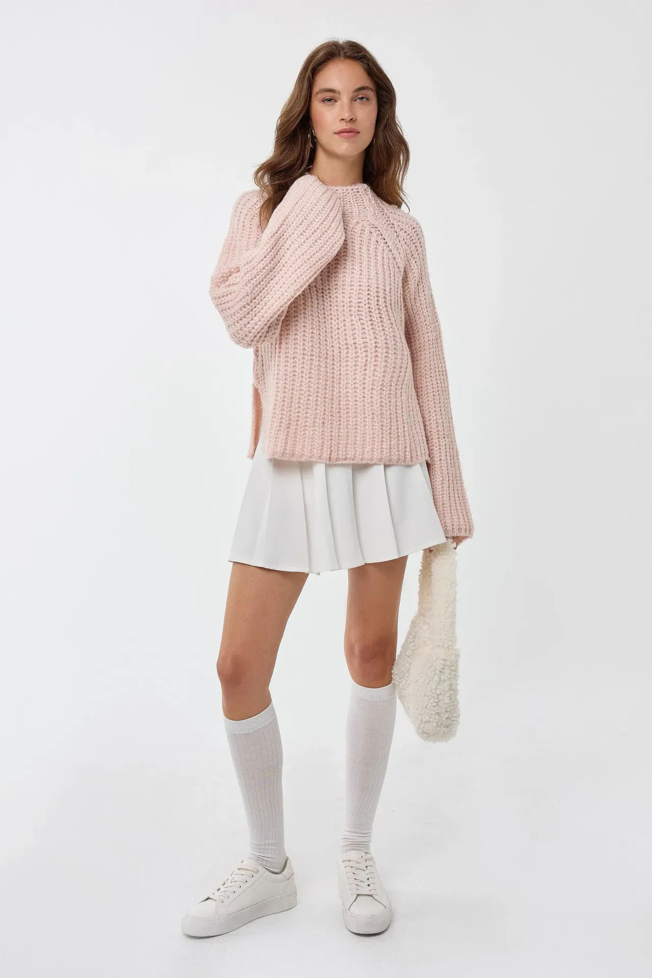 Oversized Textured Knit Sweater with Half Turtleneck