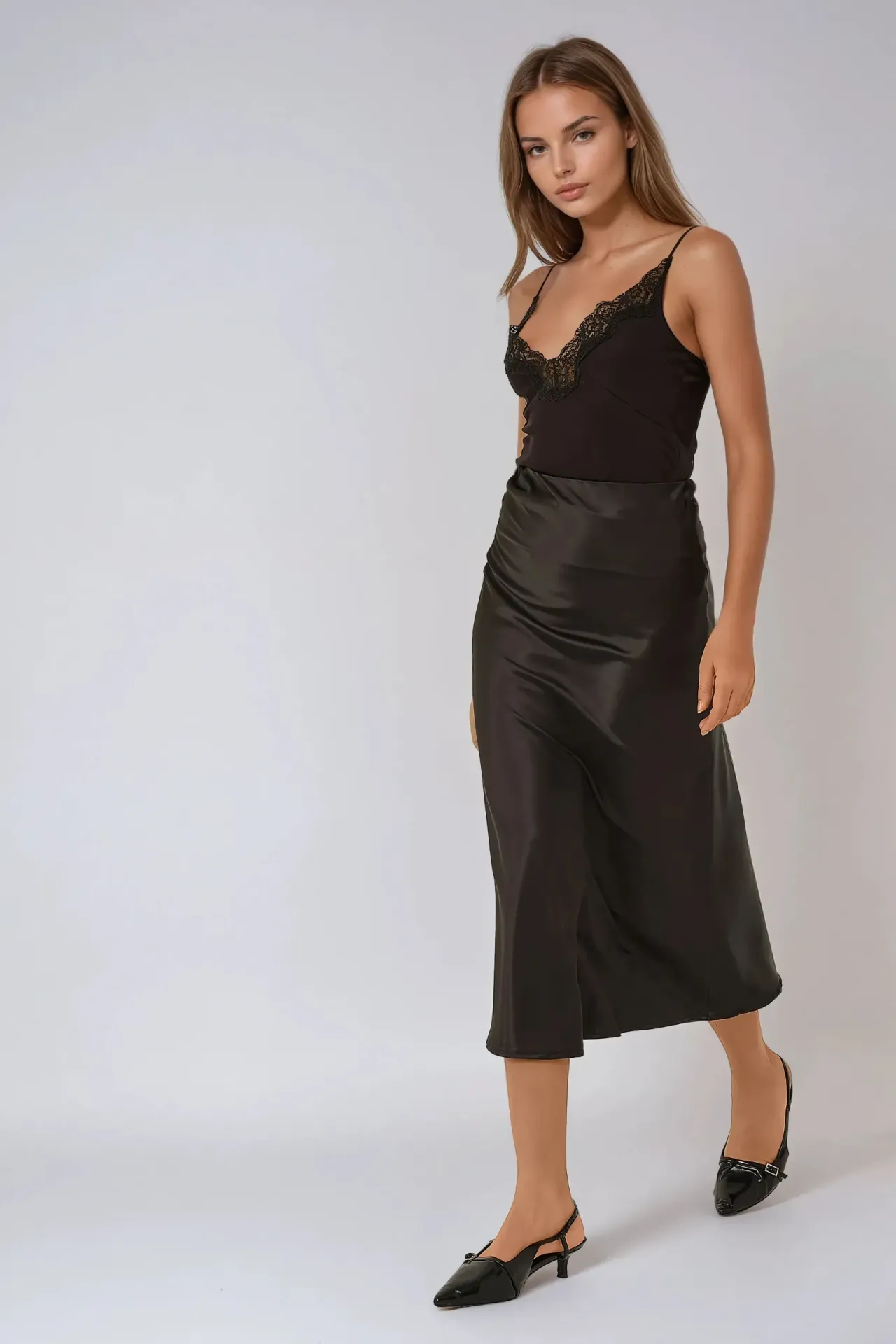 High-Waist Satin Midi Skirt