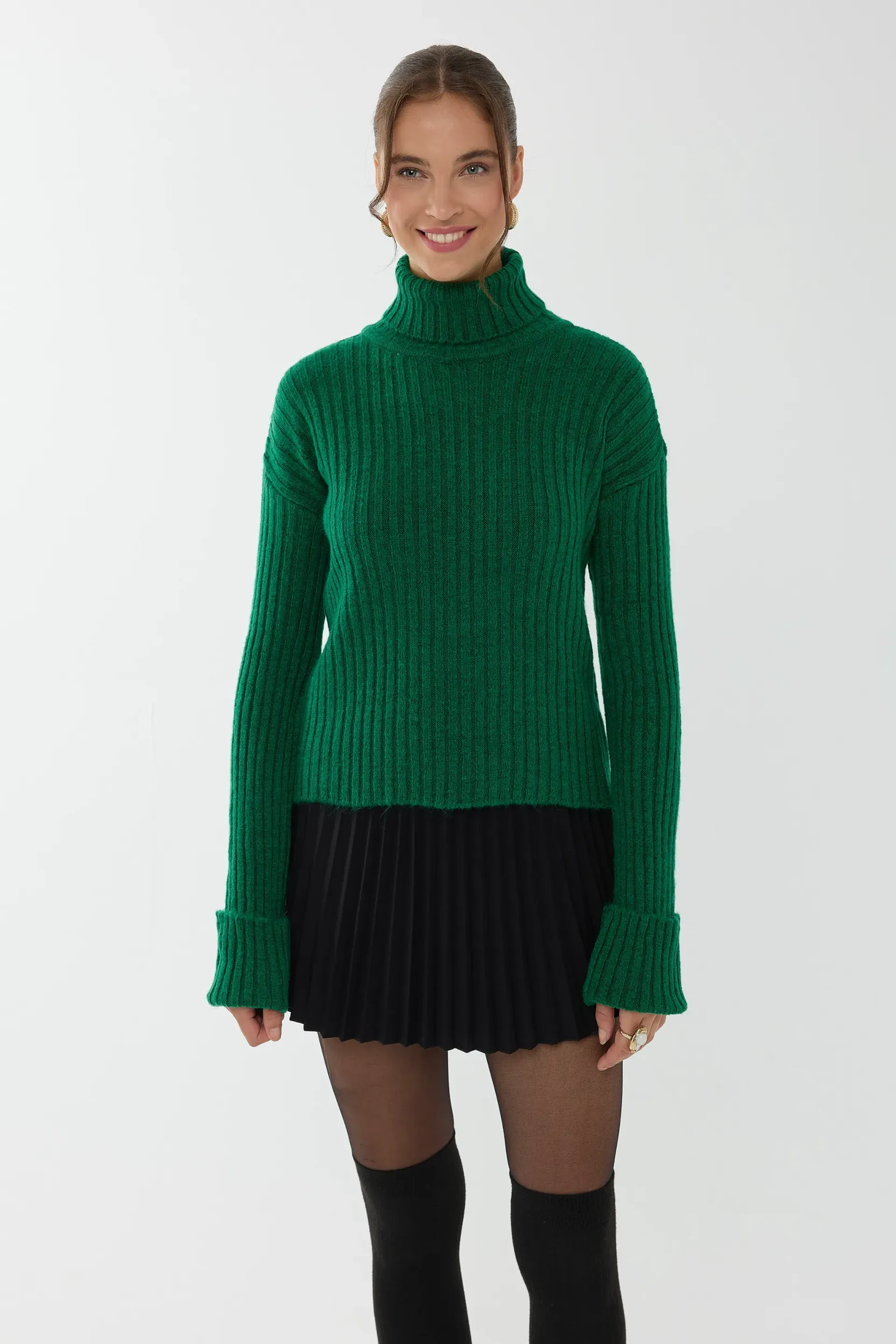 Green Turtleneck Regular Fit Sweater Women