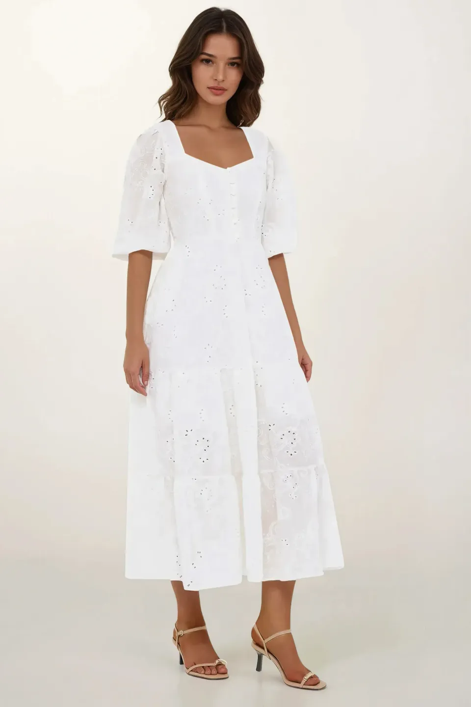 Embroidered Sweetheart Neck Tiered Maxi Dress with a Puff Sleeves
