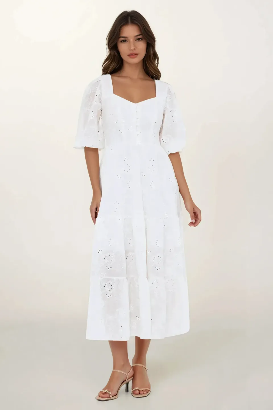 Embroidered Sweetheart Neck Tiered Maxi Dress with a Puff Sleeves