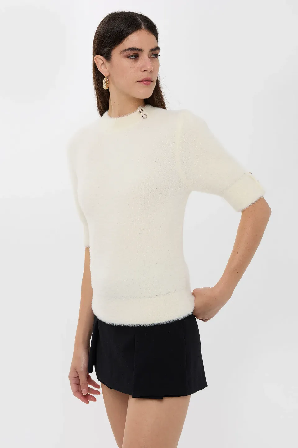 Short Sleeve Stone Embellished Sweater