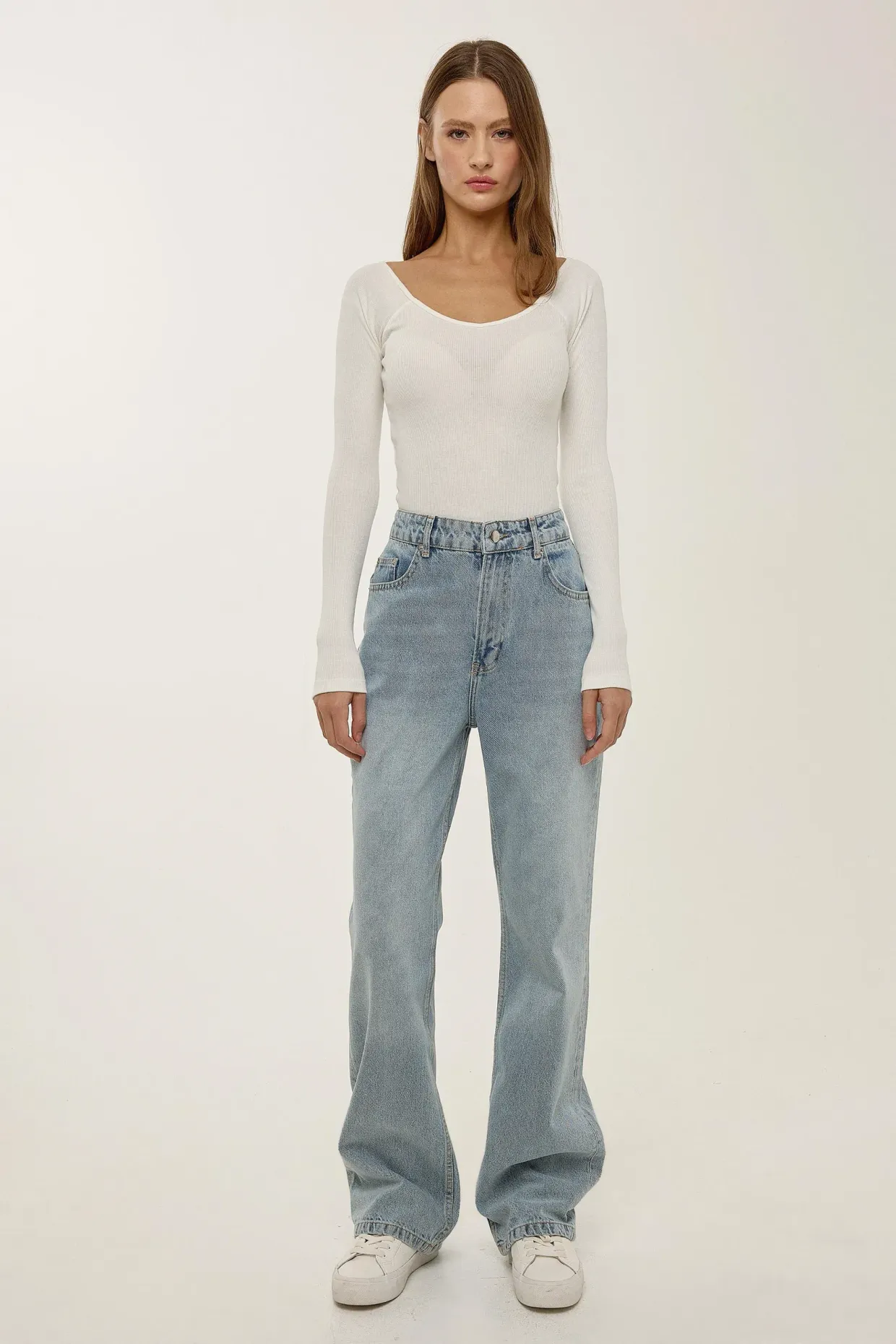 Ribbed Slim-Fit Long-Sleeve U-Neck Blouse 2
