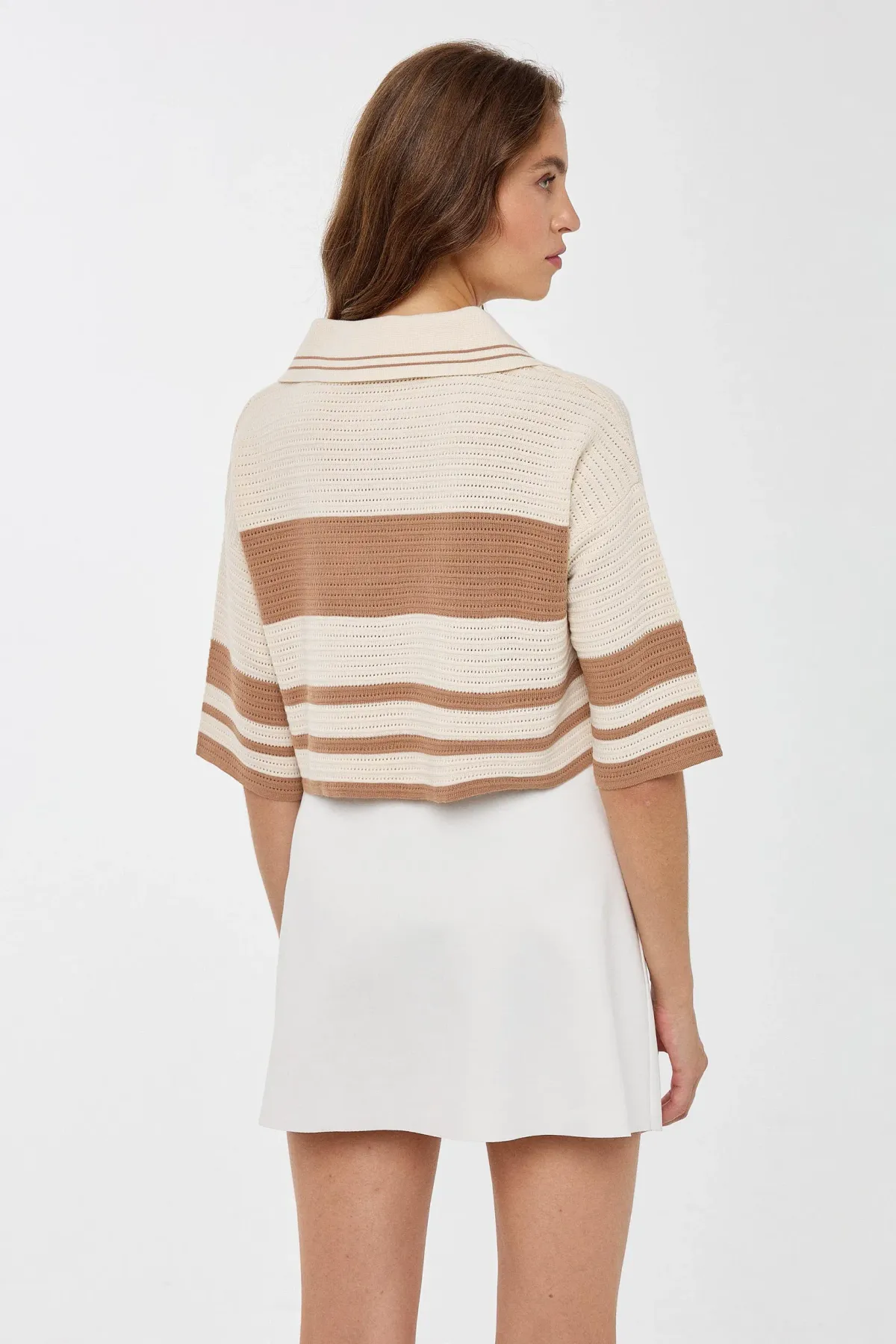 Striped Crop Sweater with Polo Shirt Collar 5