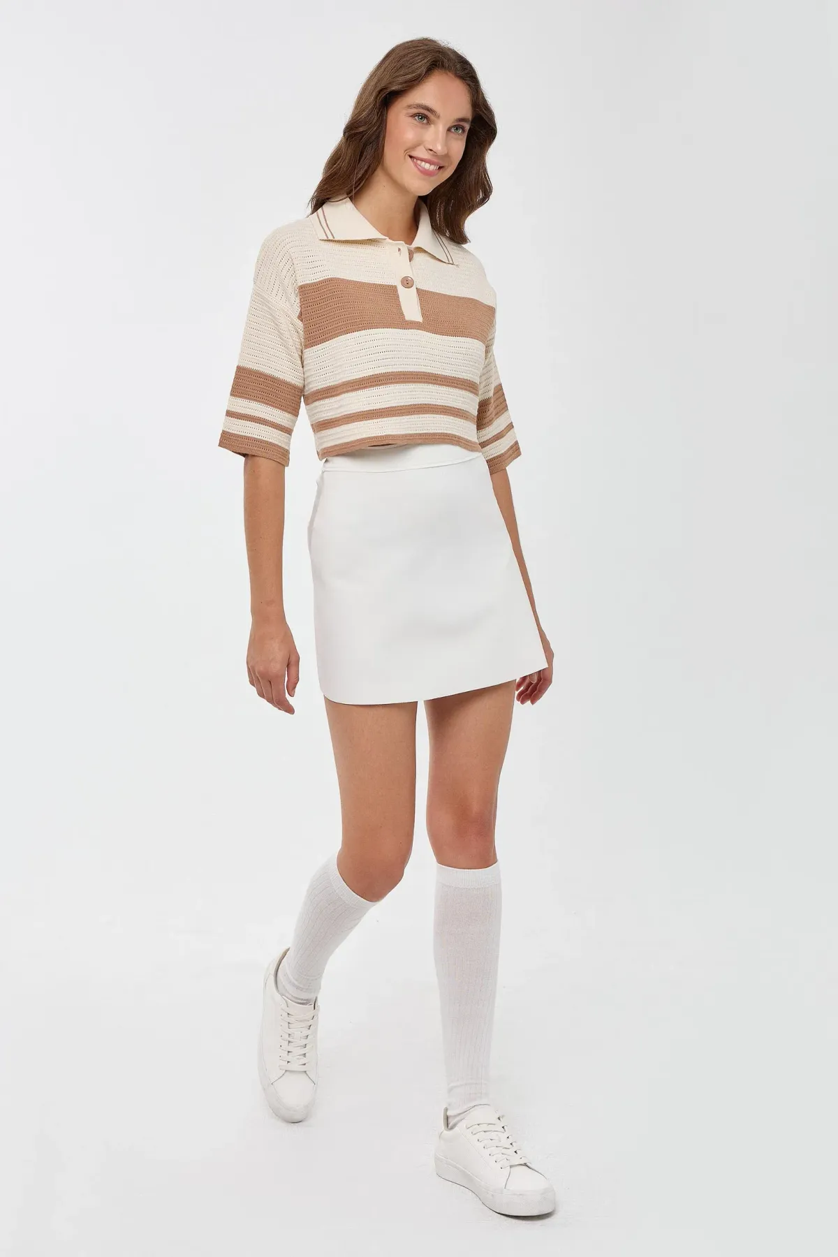 Striped Crop Sweater with Polo Shirt Collar 3