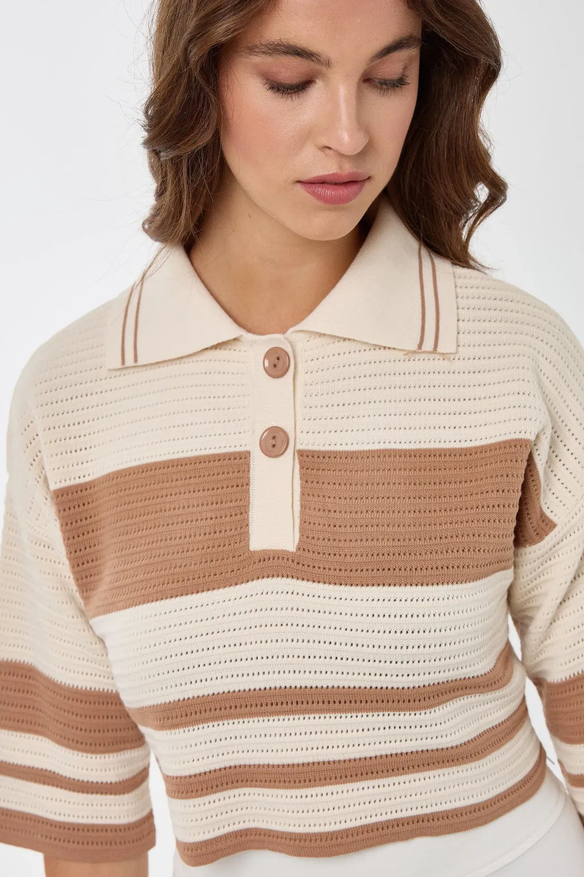 Striped Crop Sweater with Polo Shirt Collar 4