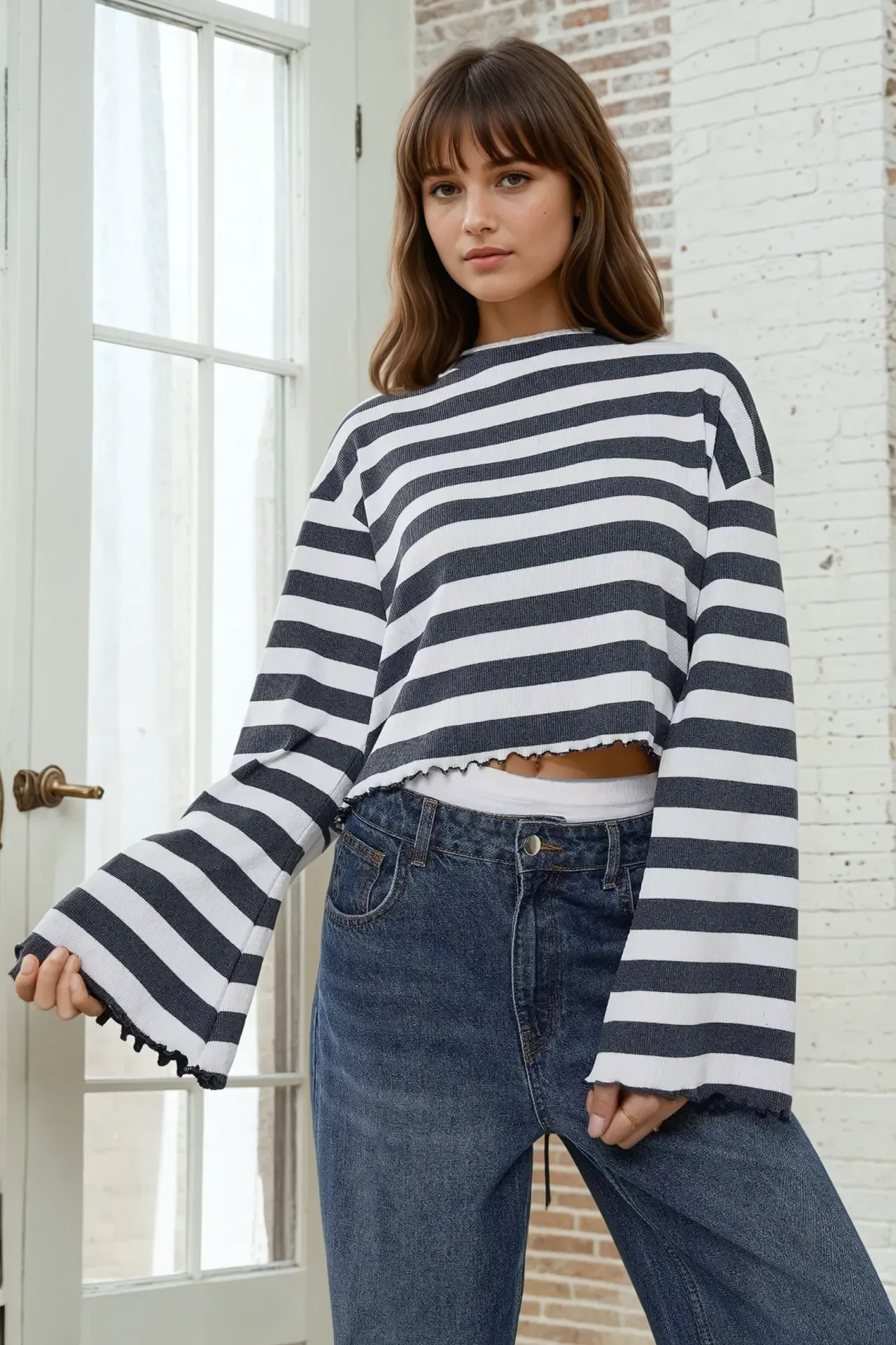 Striped Lettuce Hem Long Sleeve Crew Neck T-Shirt