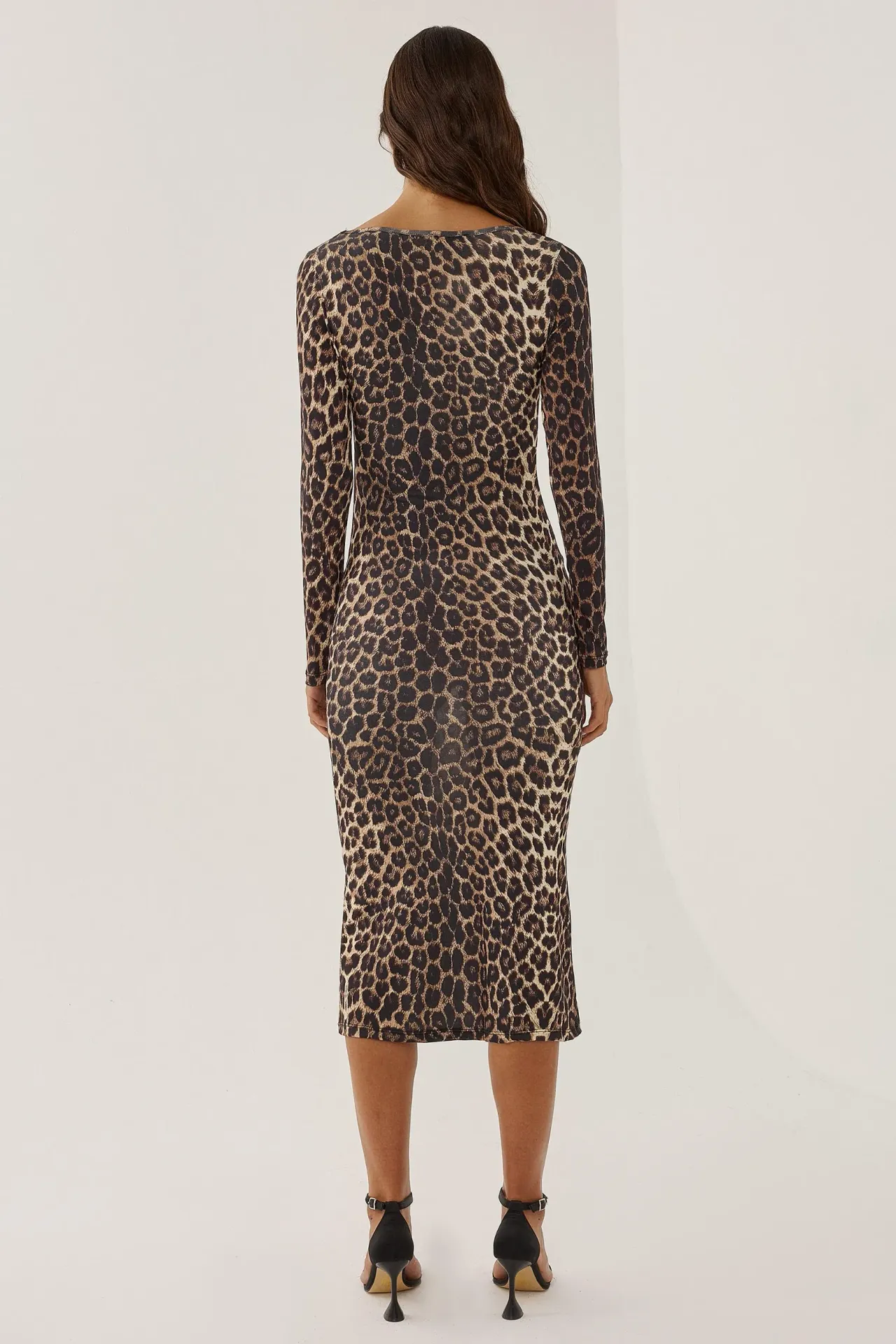 Leopard Print Bodycon Midi Dress with Long Sleeves