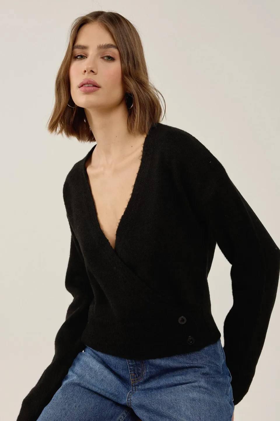 V-Neck Buttoned Wrap Sweater