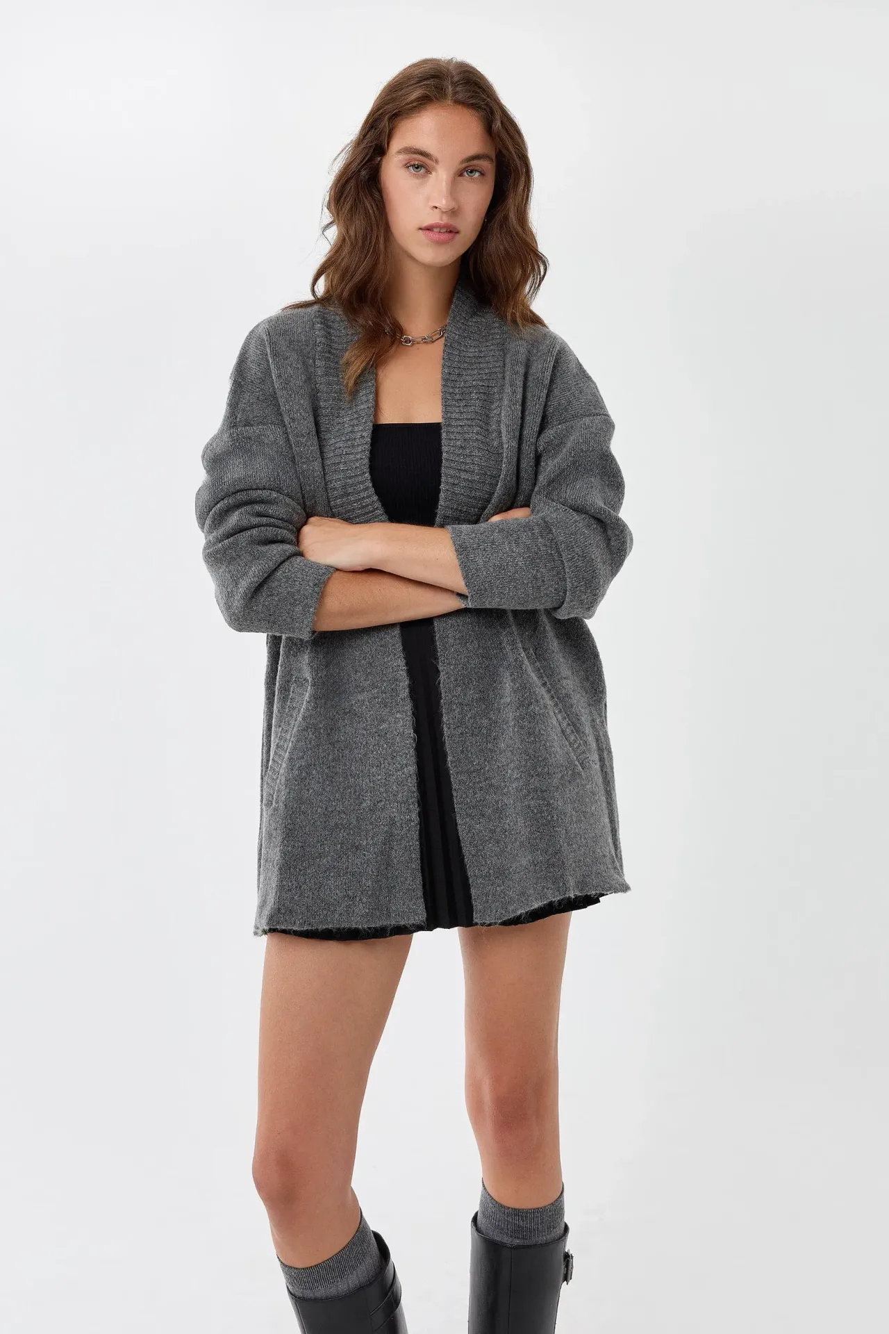 Loose Fit Crew Neck Acrylic Cardigan