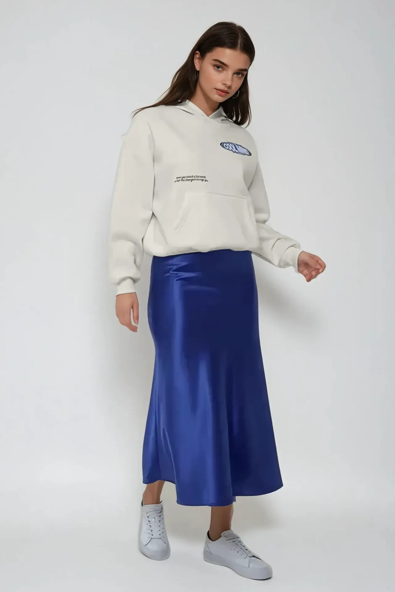 High-Waist Satin Midi Skirt