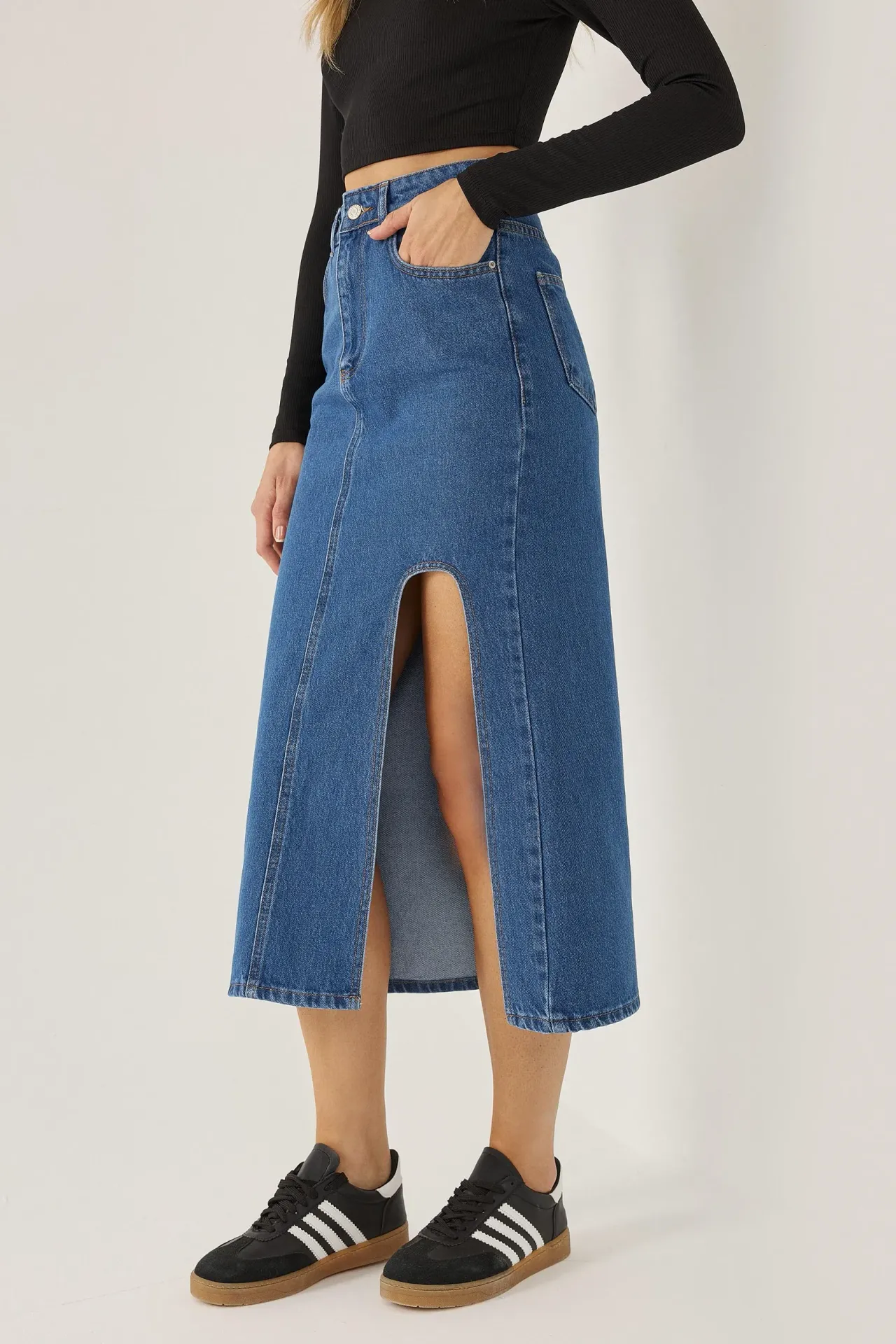 Denim Midi Skirt with Slit