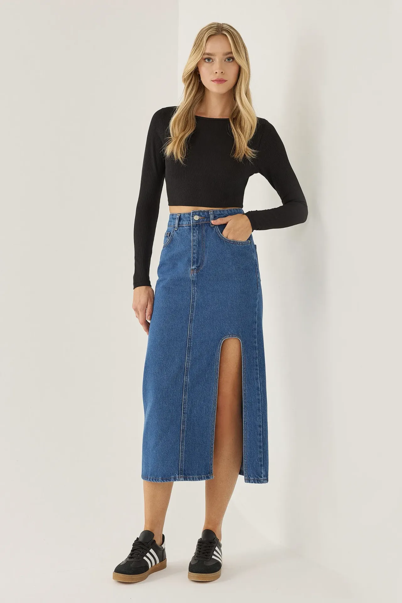 Denim Midi Skirt with Slit