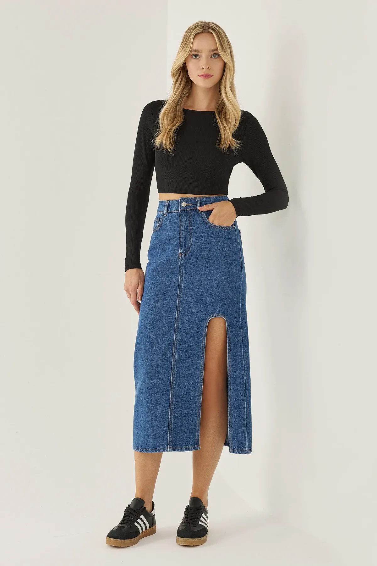 Denim Midi Skirt with Slit 4
