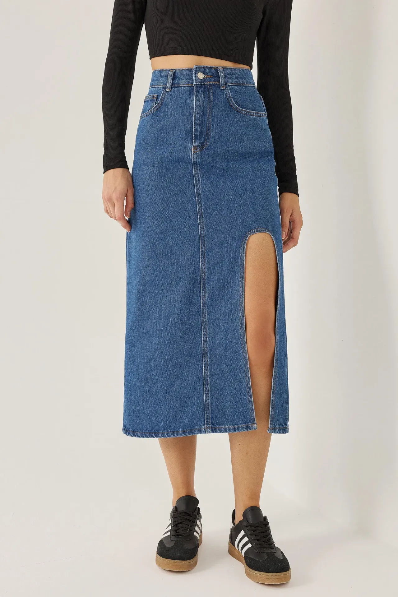 Denim Midi Skirt with Slit