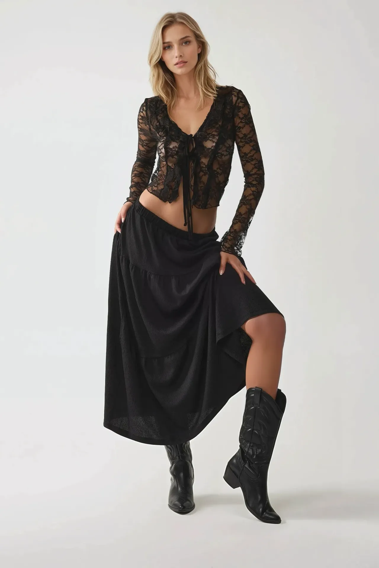 Fitted Long Sleeve V-Neck Lace Blouse