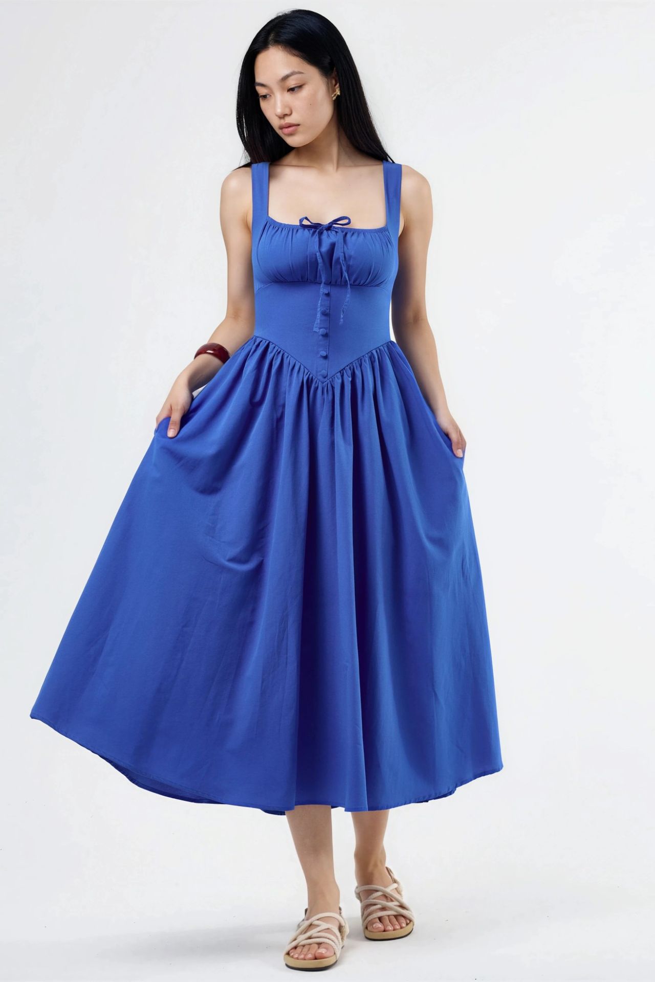 BUSEM Midi Dress with Square Collar and Button Detail 2