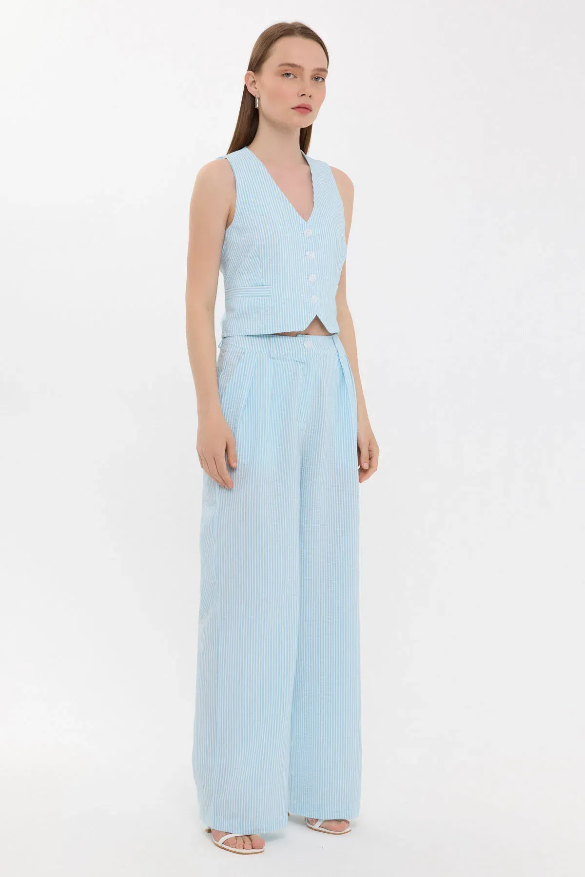 High-Waist Pleated Striped Coords Set 3