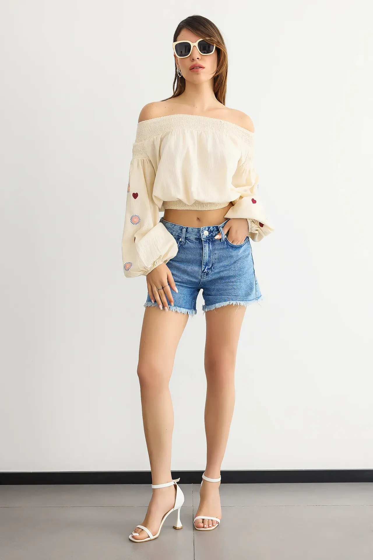Off-Shoulder Woven Long Sleeve Top