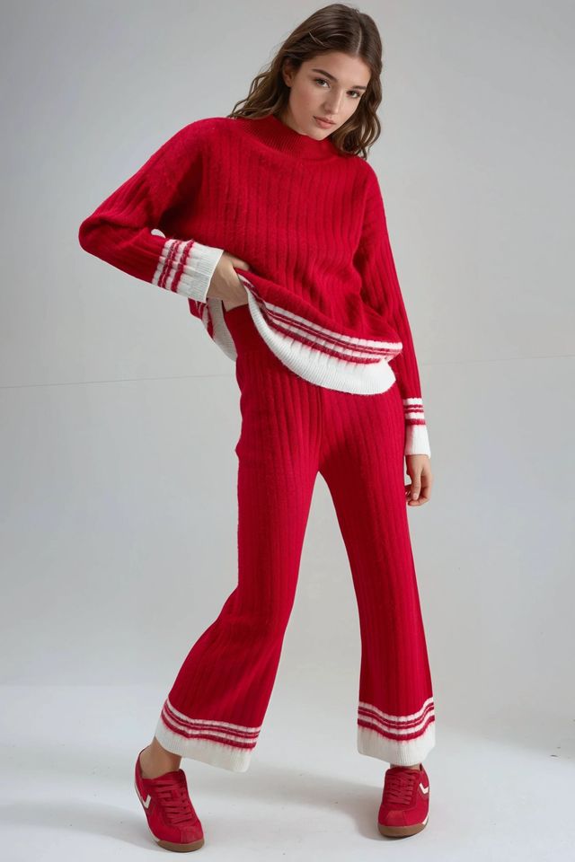 MY FASHION Striped Ribbed Knit Co-Ord Set with Half Turtleneck