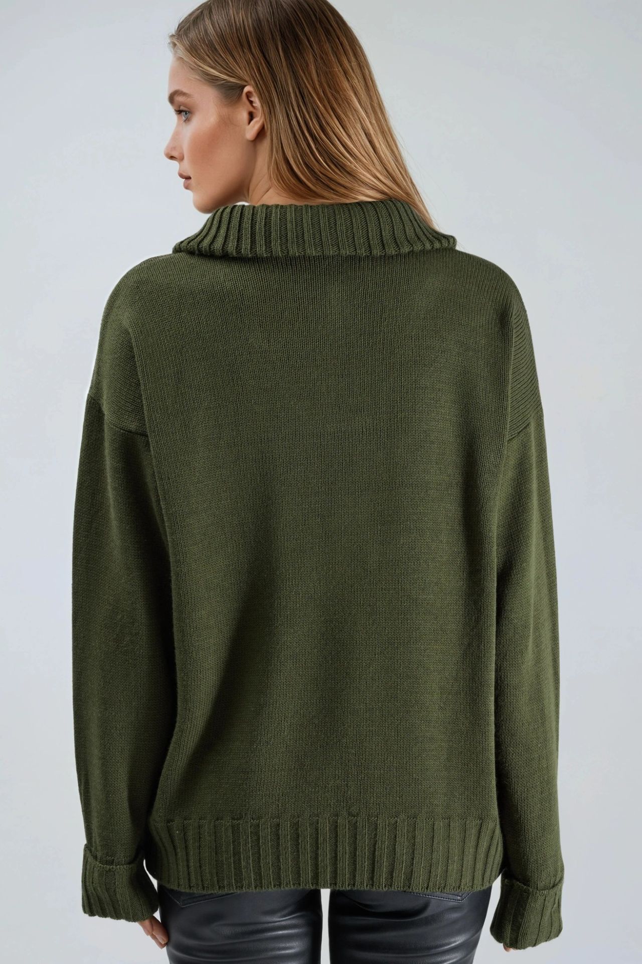 MY FASHION Oversized Ribbed Knit Sweater with Zipper Collar 3