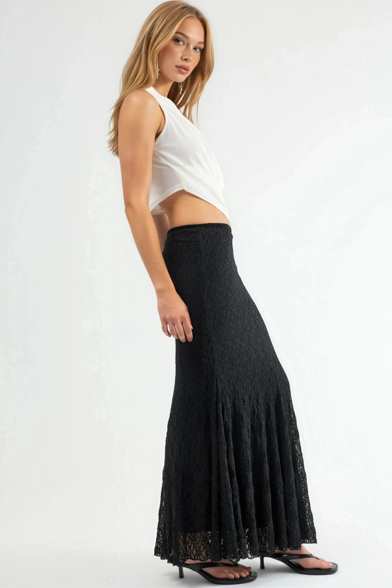 QU STYLE High Waist Lace Maxi Skirt with Slit 4