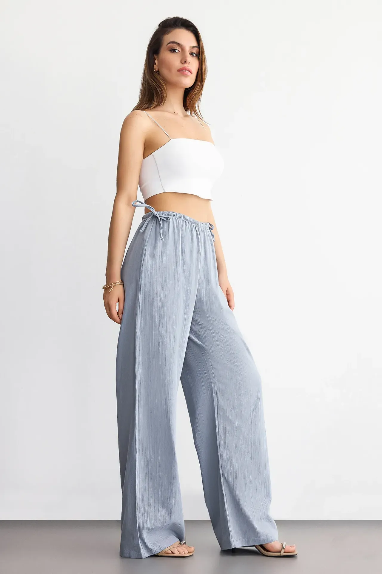 Wide-Leg Drawstring Pants with Bow and Tie-Side