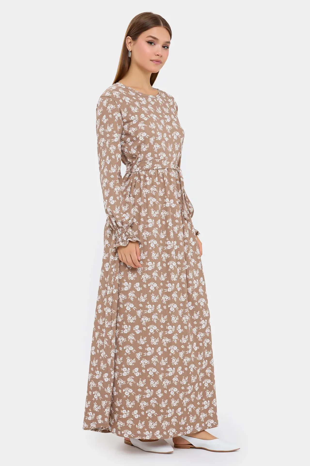 Floral Maxi Dress with Long Sleeves and Tie-Side
