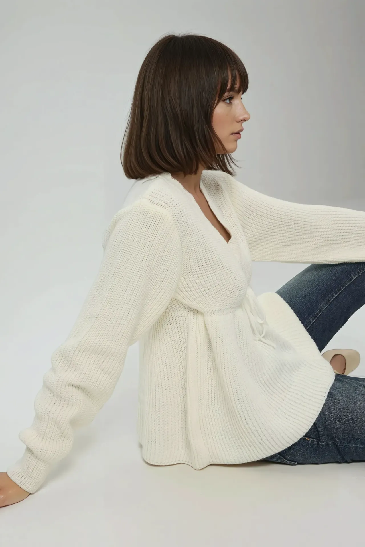 Sliced V-Neck Sweater with Tied Up Detail 1