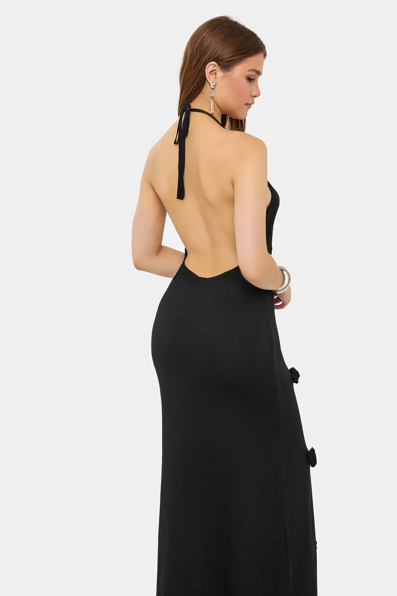 Strappy V-Neck Maxi Dress with Open Back and Flower Detail