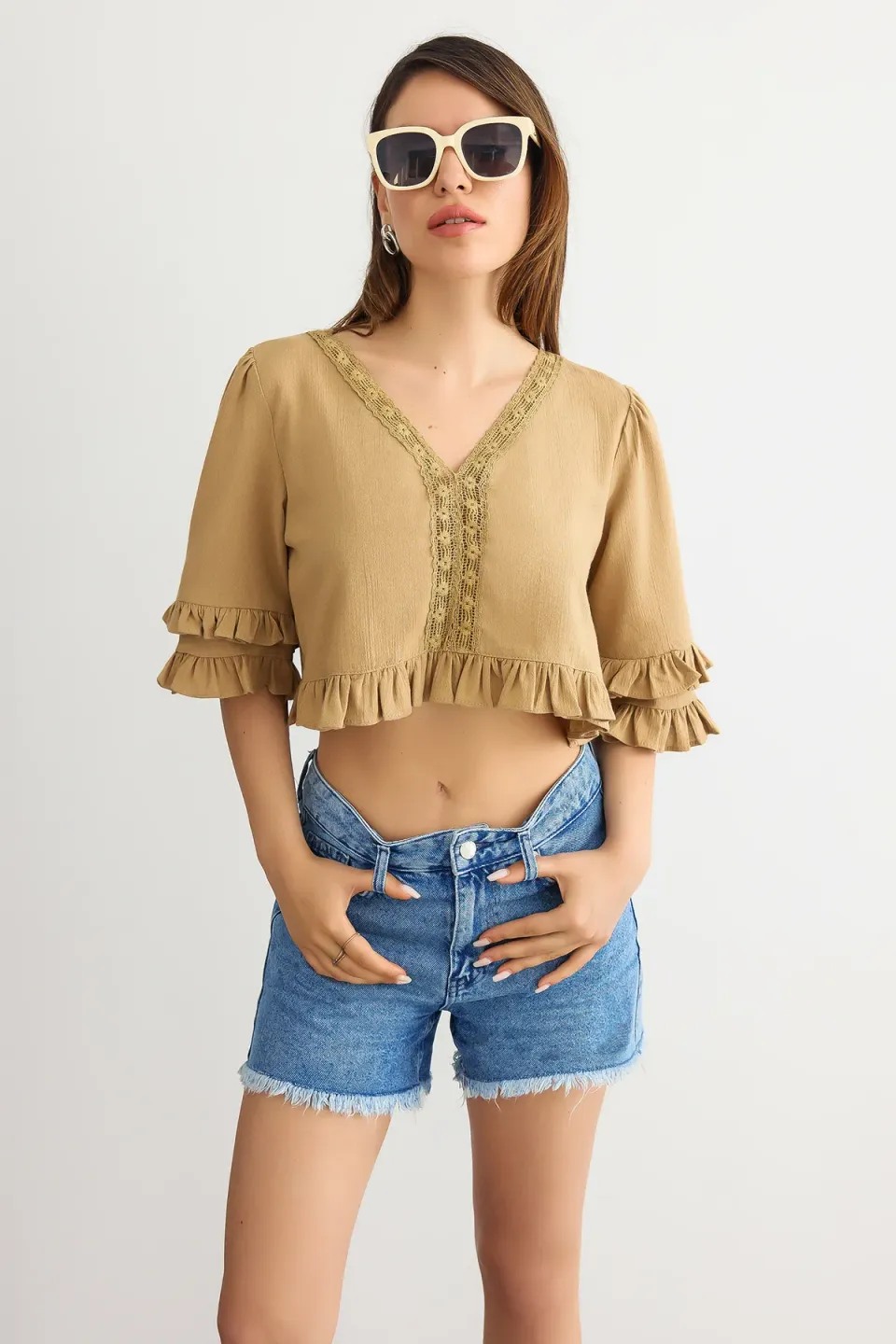 Cropped V-Neck Ruffled Blouse