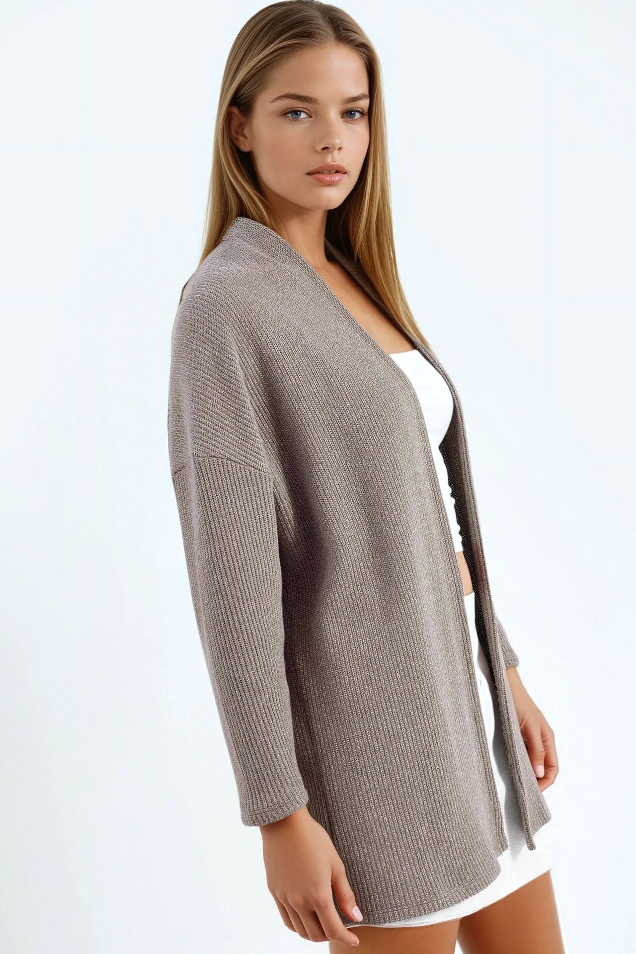 BUSEM Long Ribbed Knit Cardigan with Open Collar 2