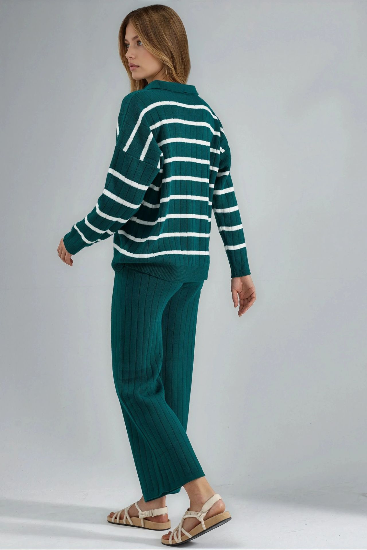 MY FASHION Striped Knit Co-ord Set with Polo Collar 3