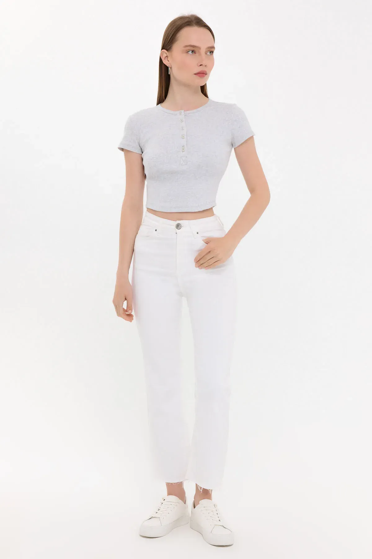Buttoned Short Sleeve Round Neck T-Shirt 2