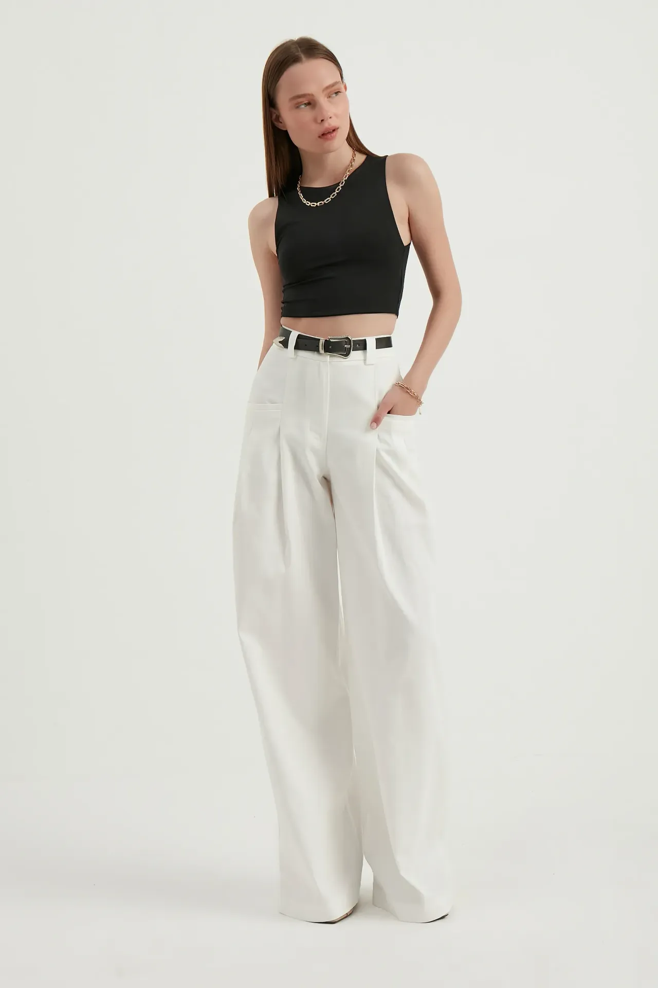 High Waist Pleated Belted Wide Leg Trousers with a Pocket Detail