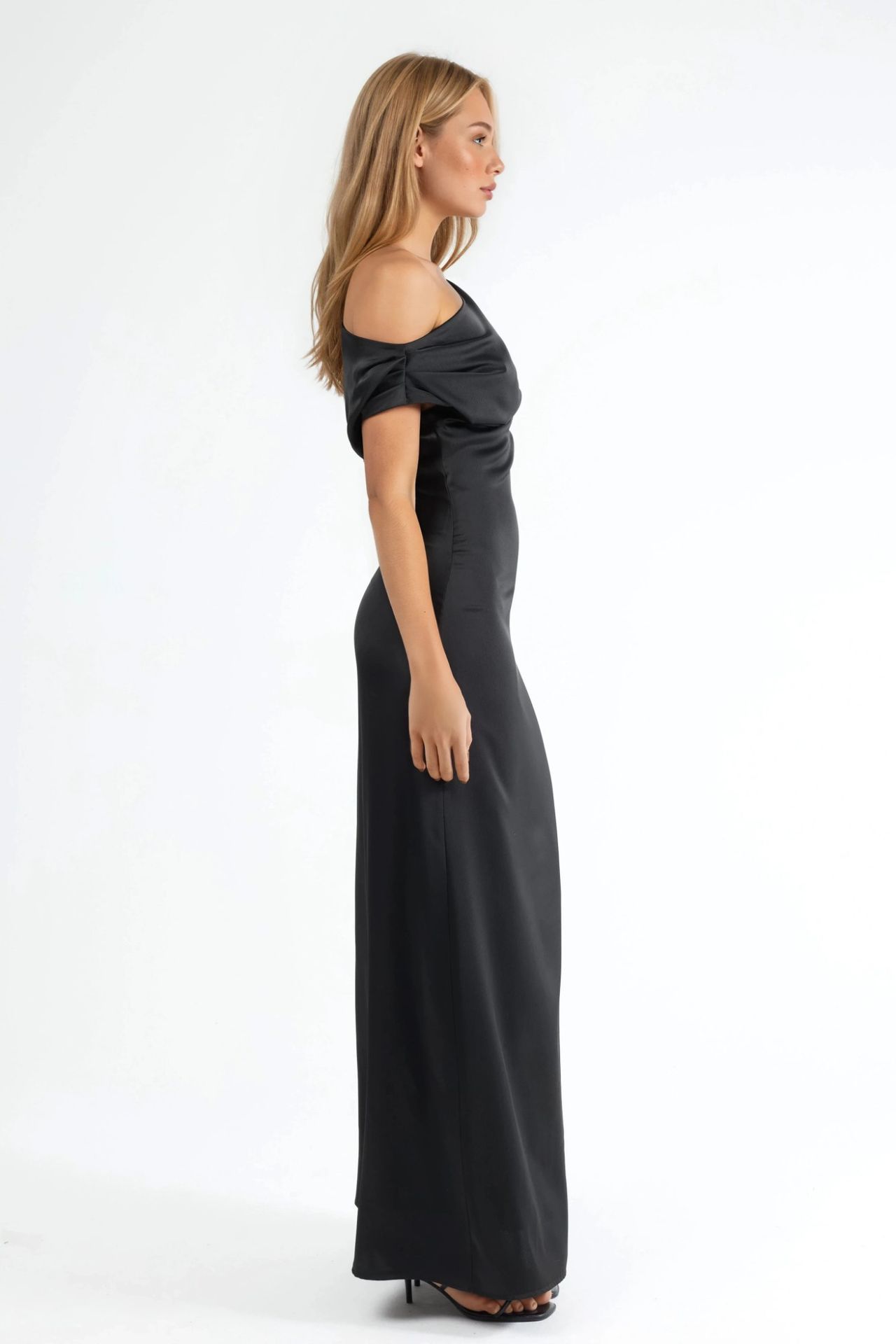 Asymmetrical Collar Bodycon Satin Maxi Dress 5